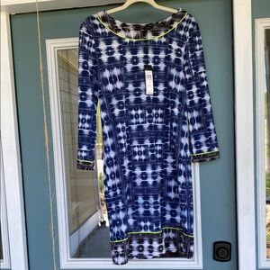 BCBGMaxazria Navy Shift Dress with Lime Trim travel, friendly fabric